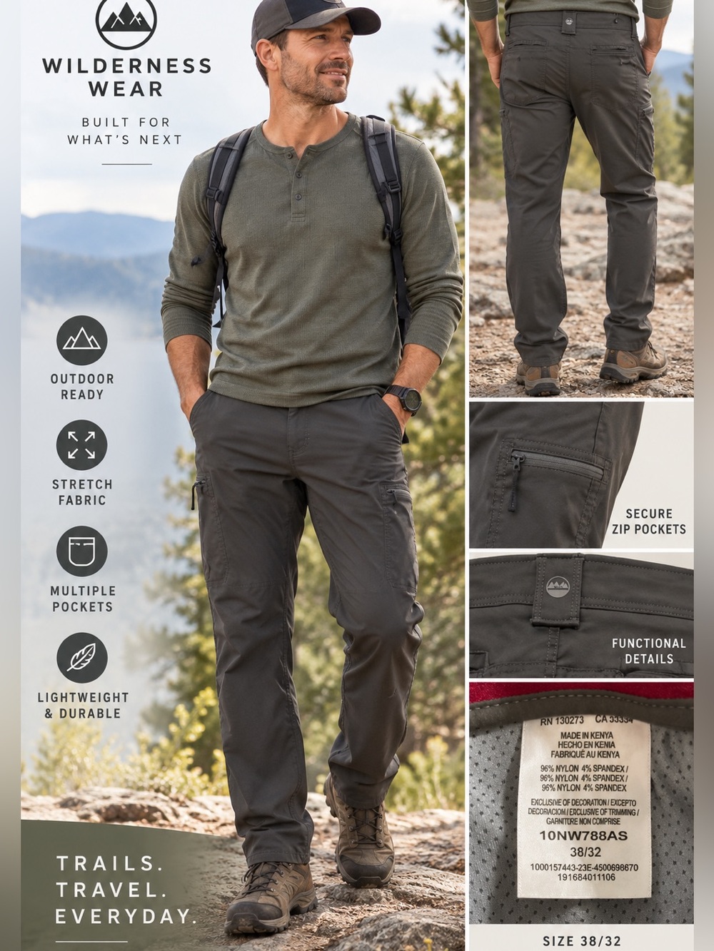 Wrangler Men’s Outdoor Cargo Pants Gray 38x32 Stretch Performance